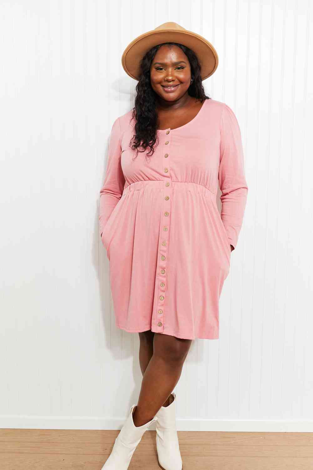 Button Front Elastic Waist Long Sleeve Dress