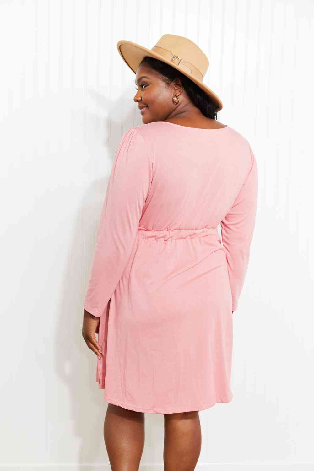 Button Front Elastic Waist Long Sleeve Dress