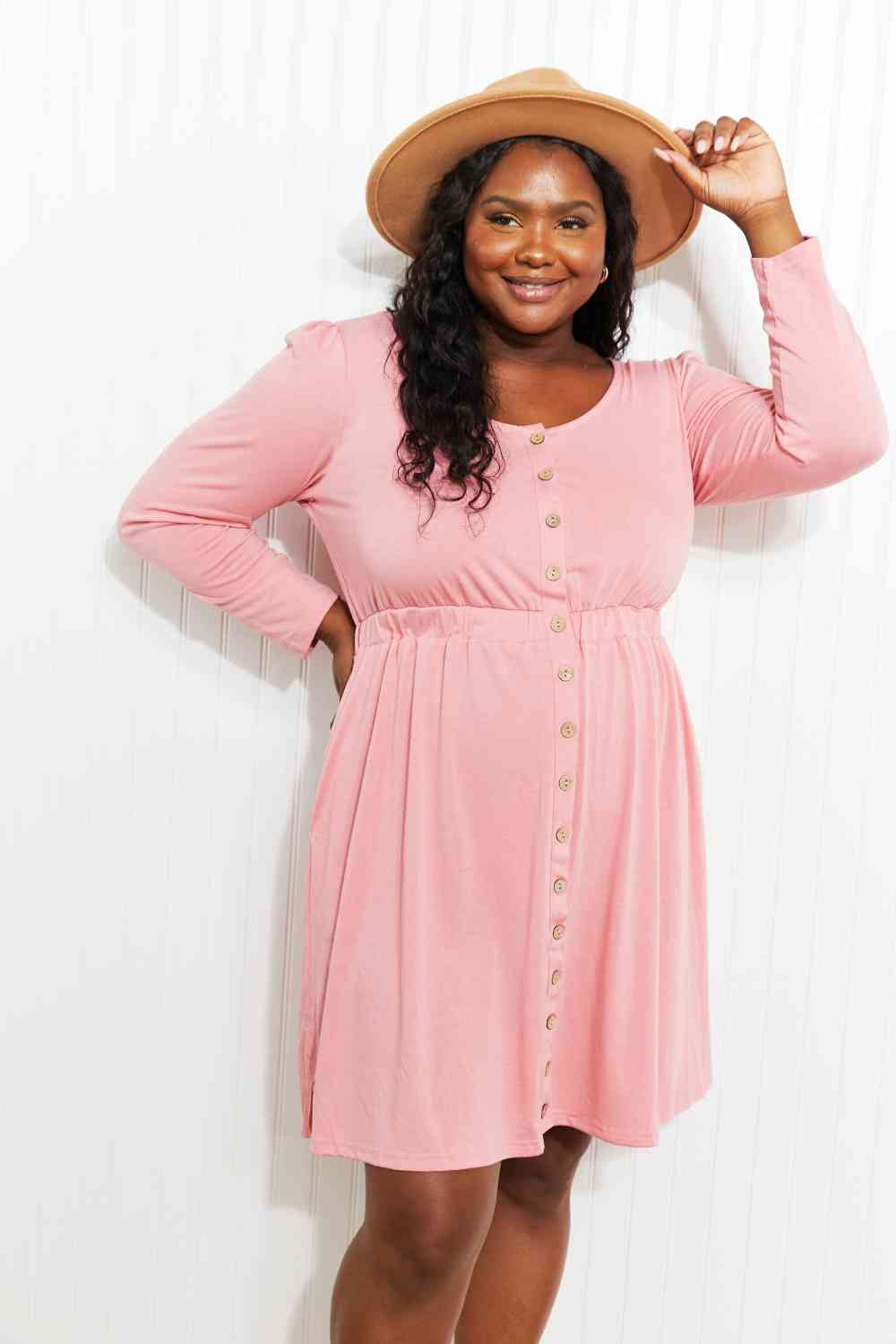 Button Front Elastic Waist Long Sleeve Dress