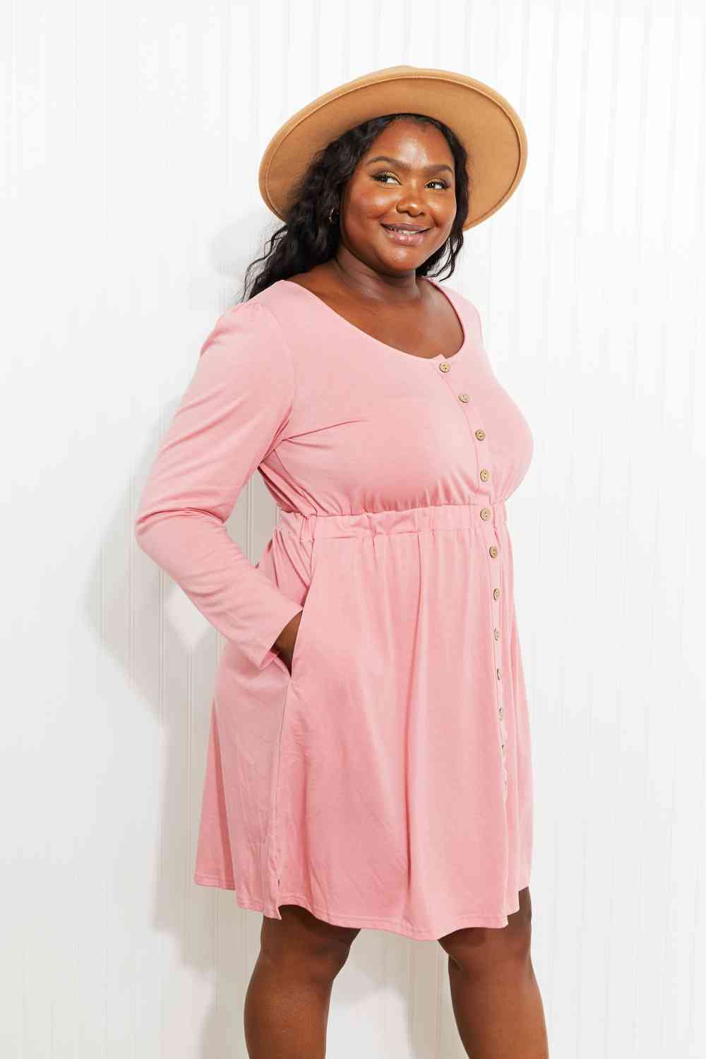 Button Front Elastic Waist Long Sleeve Dress