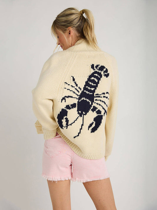 Single-Breasted Long-Sleeved Lobster Print Knit Cardigan