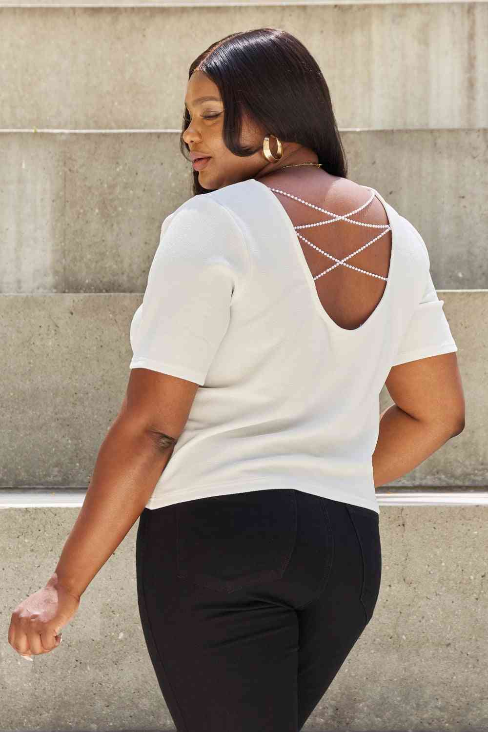 "And The Why" Pearly White Full Size Criss Cross Pearl Detail Open Back T-Shirt