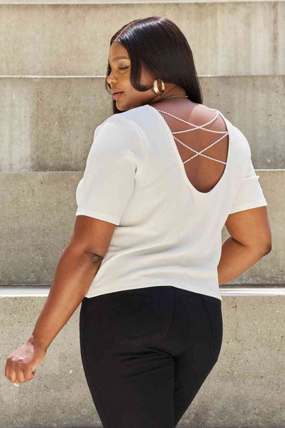 "And The Why" Pearly White Full Size Criss Cross Pearl Detail Open Back T-Shirt