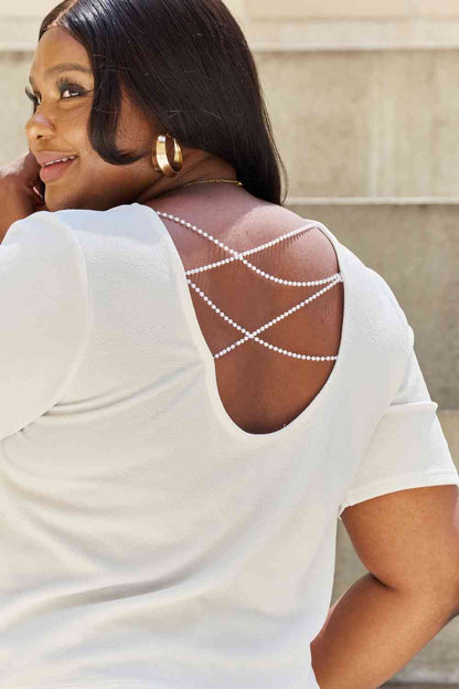 "And The Why" Pearly White Full Size Criss Cross Pearl Detail Open Back T-Shirt