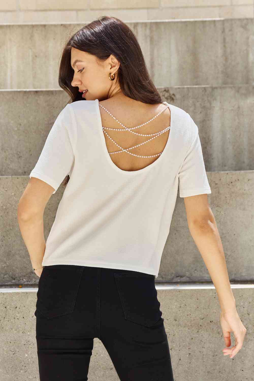 "And The Why" Pearly White Full Size Criss Cross Pearl Detail Open Back T-Shirt