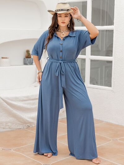 Ribbed Half Button Tie-Waist Jumpsuit