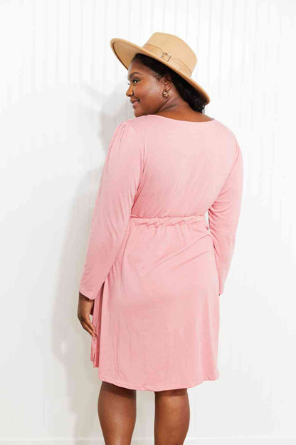 Button Front Elastic Waist Long Sleeve Dress