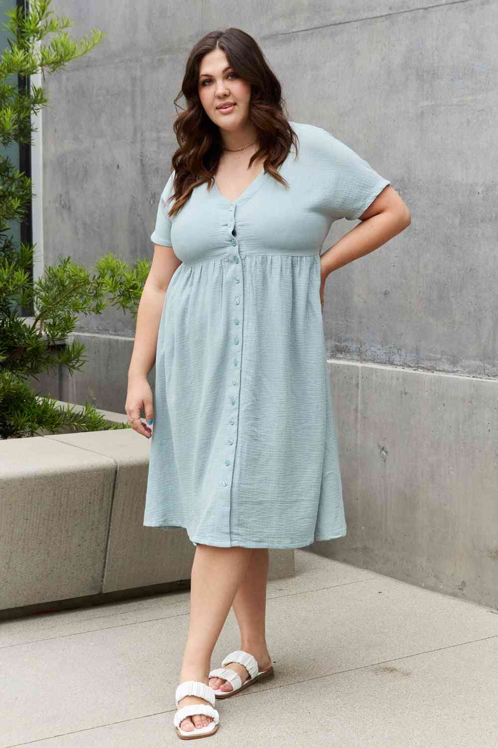 Sweet Lovely By Jen Full Size Button Down Midi Dress