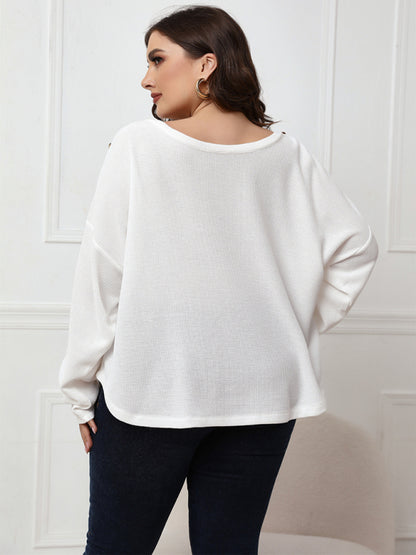 Solid Color Off Neck Plus Size Long Sleeve Top