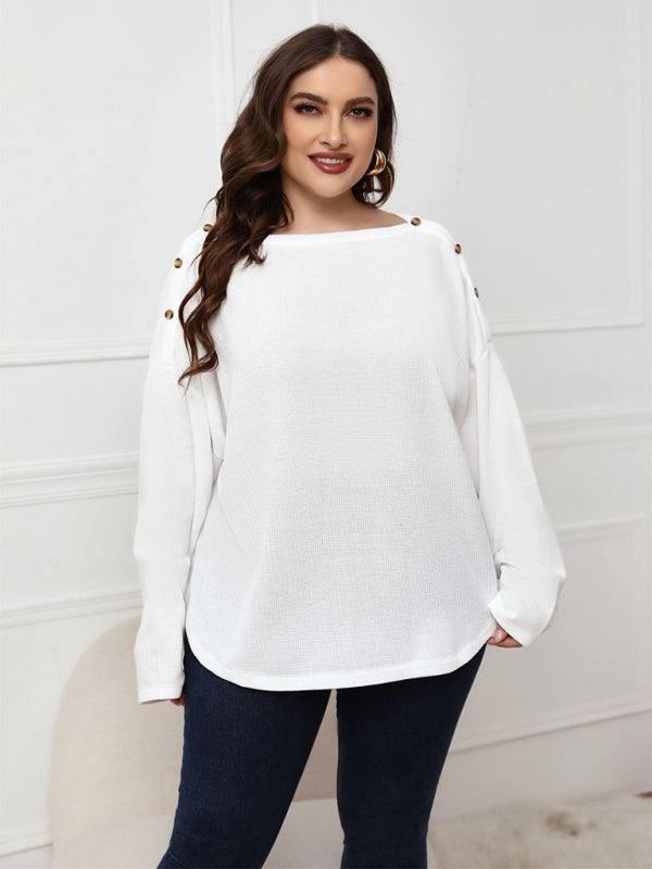Solid Color Off Neck Plus Size Long Sleeve Top