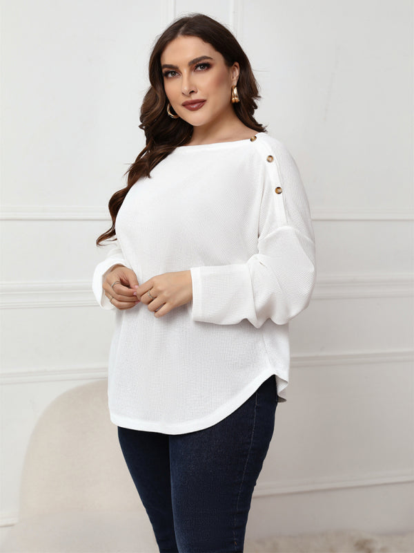 Solid Color Off Neck Plus Size Long Sleeve Top