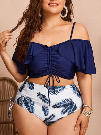 Drawstring Ruffle Bikini One Shoulder Strap High Waist Swimsuit Set